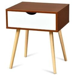 End Side Storage Drawer Nightstand with Solid Wooden Leg