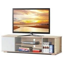 Modern Entertainment Center TV Stand in Oak Wood Finish with White Door