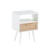 15.75" Rattan End table with drawer and solid wood legs; Modern nightstand; side table for living roon; bedroom; white