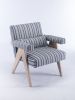 Accent chair, KD rubber wood legs with black finish. Fabric cover the seat. With a cushion.Blue Stripe